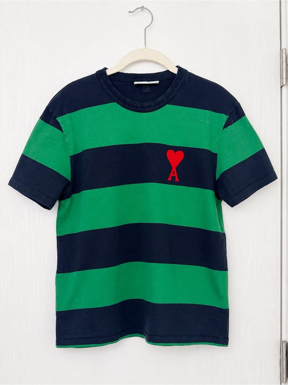AMI Paris Ami de Coeur Heart Logo Heavyweight Striped T-Shirt Green Black L